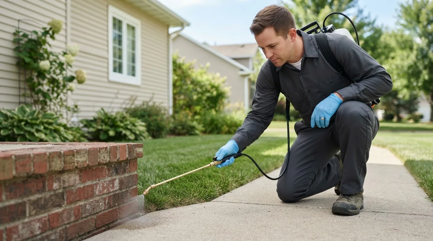 Pest control technician treating a home near Pitcher, NY